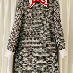 Elegant Long Sleeve Tweed Dress with Red Accents